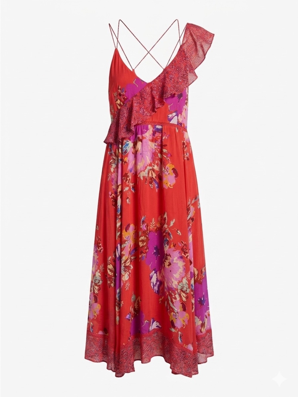 Maeve Grecia Dress Fairy Floral Ruffles Strappy Scarf Hem SZ 8 Red Pink Silky